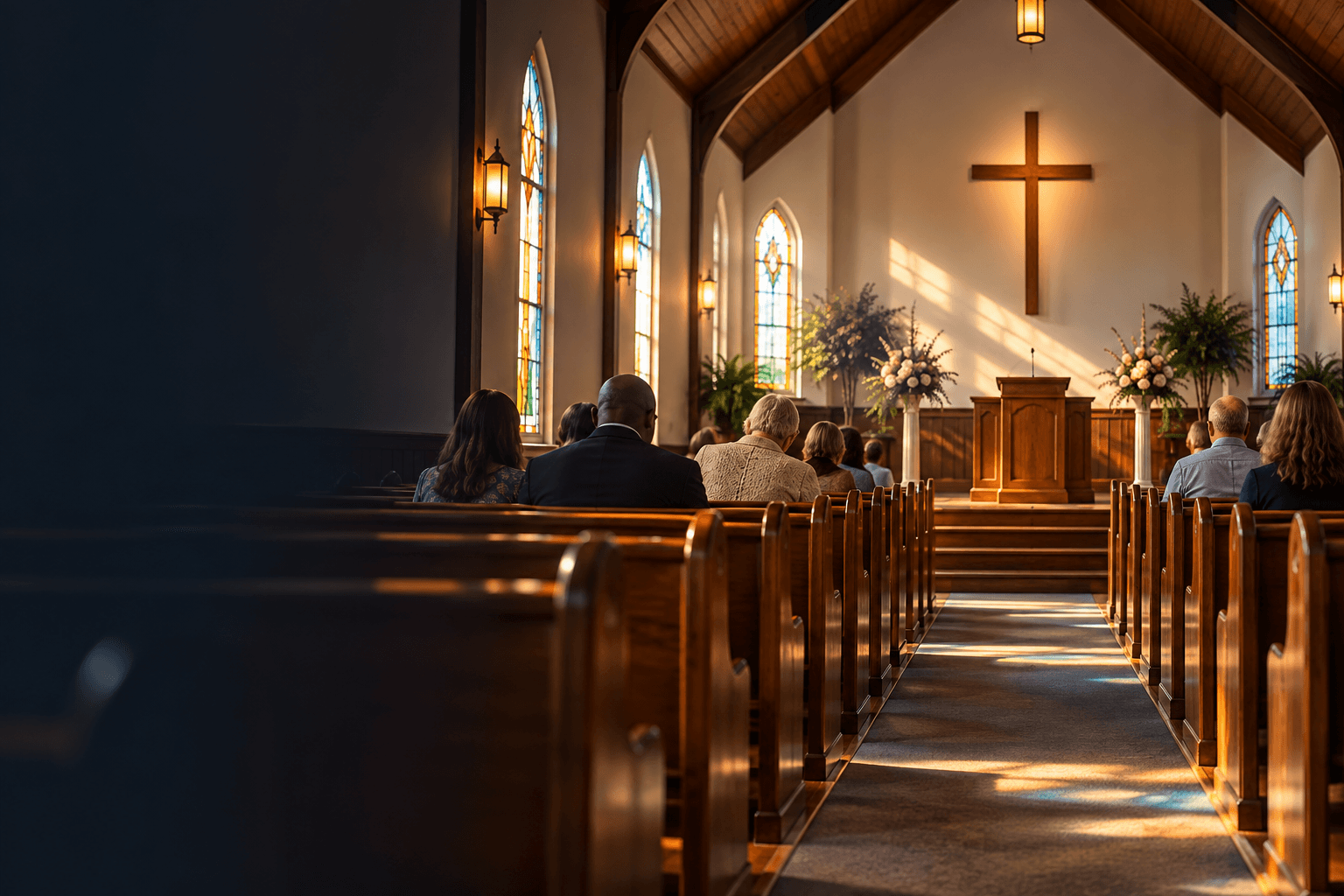 A sunlit church sanctuary with wooden pews and a simple cross